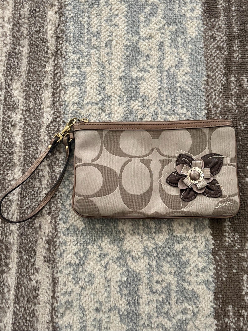 Coach Taupe & Brown Signature Floral Applique Wristlet